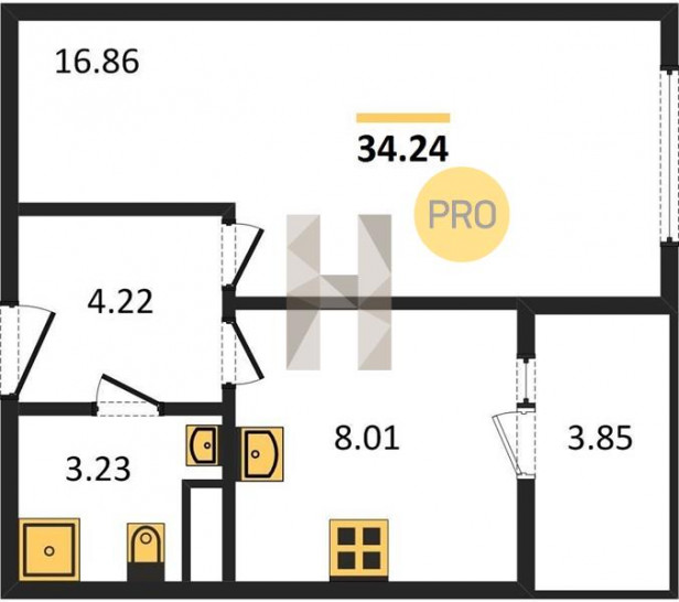 Однокомнатная квартира 34.24 м²