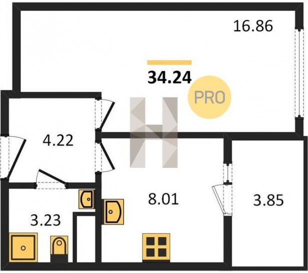 Однокомнатная квартира 34.24 м²