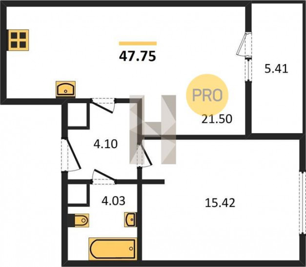 Однокомнатная квартира 47.75 м²