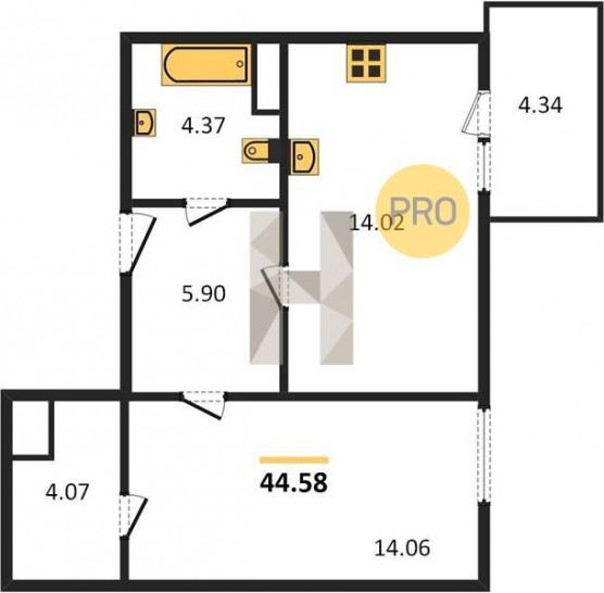 Однокомнатная квартира 44.58 м²