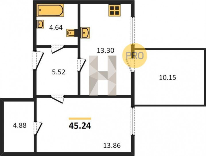 Однокомнатная квартира 45.24 м²
