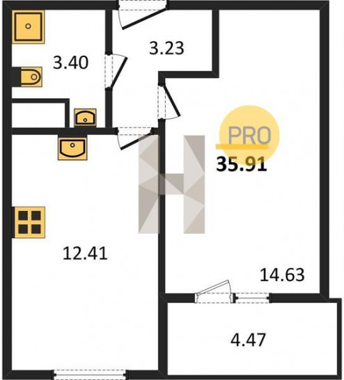 Однокомнатная квартира 35.91 м²
