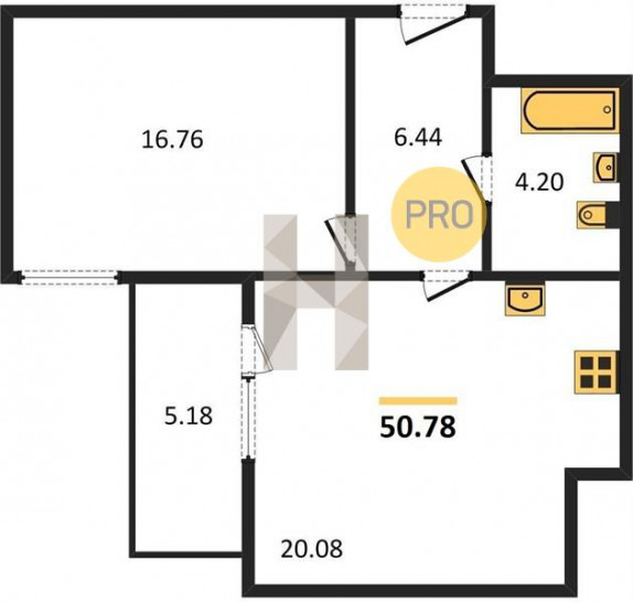 Однокомнатная квартира 50.78 м²