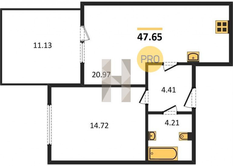 Однокомнатная квартира 47.65 м²