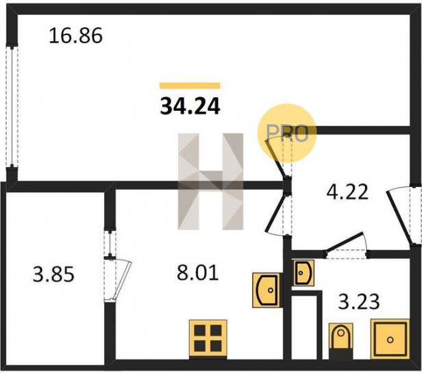 Однокомнатная квартира 34.24 м²