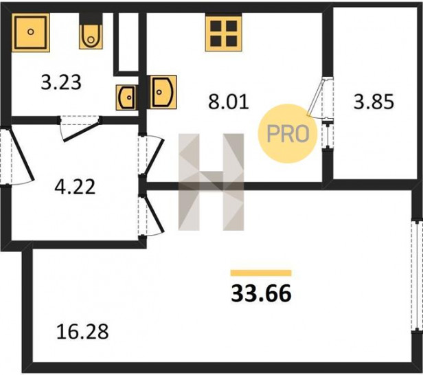 Однокомнатная квартира 33.66 м²