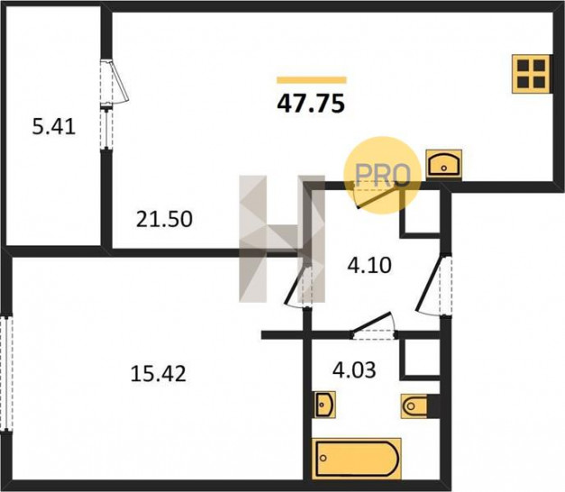 Однокомнатная квартира 47.75 м²