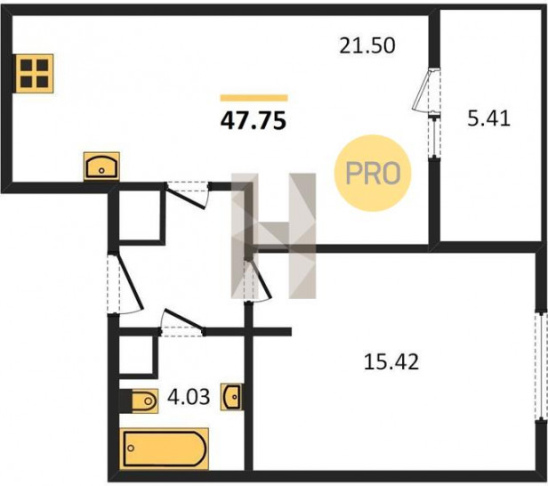 Однокомнатная квартира 47.75 м²