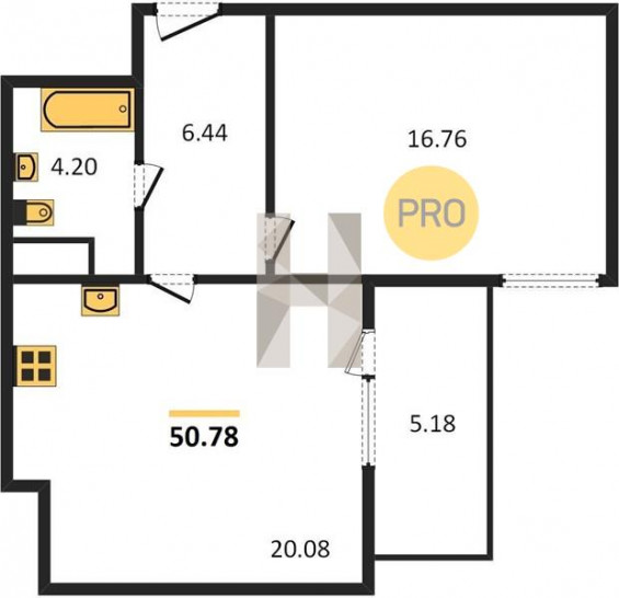 Однокомнатная квартира 50.78 м²