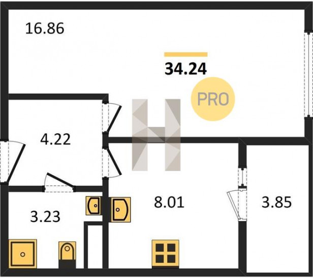 Однокомнатная квартира 34.24 м²