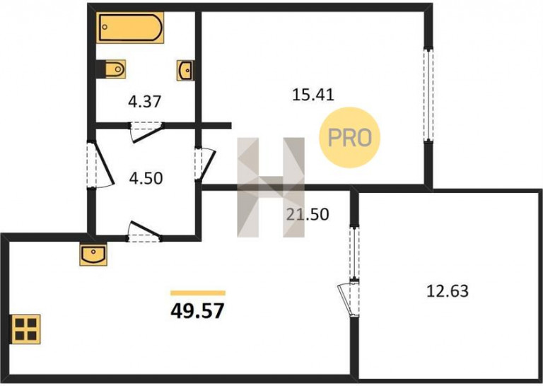 Однокомнатная квартира 49.57 м²