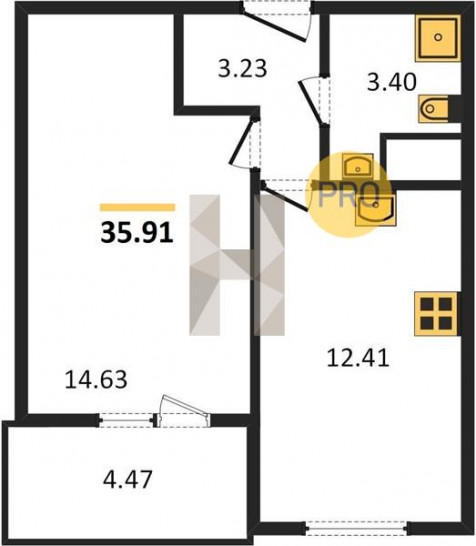 Однокомнатная квартира 35.91 м²