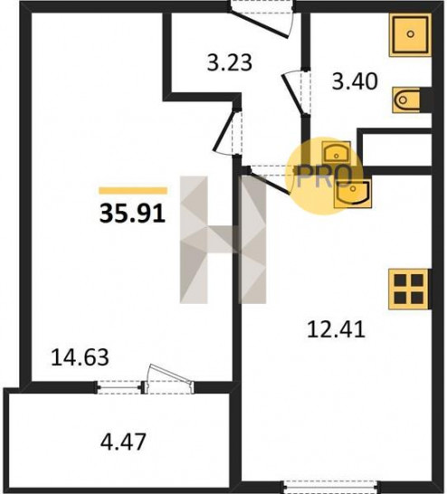 Однокомнатная квартира 35.91 м²