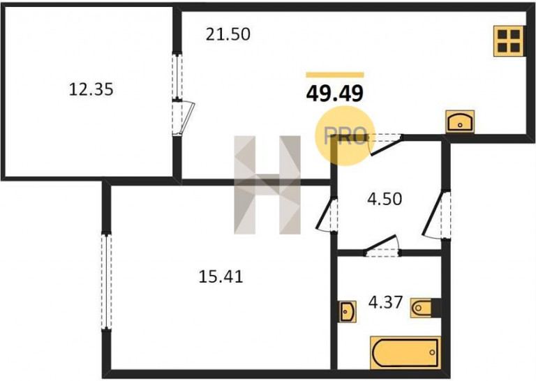 Однокомнатная квартира 49.49 м²