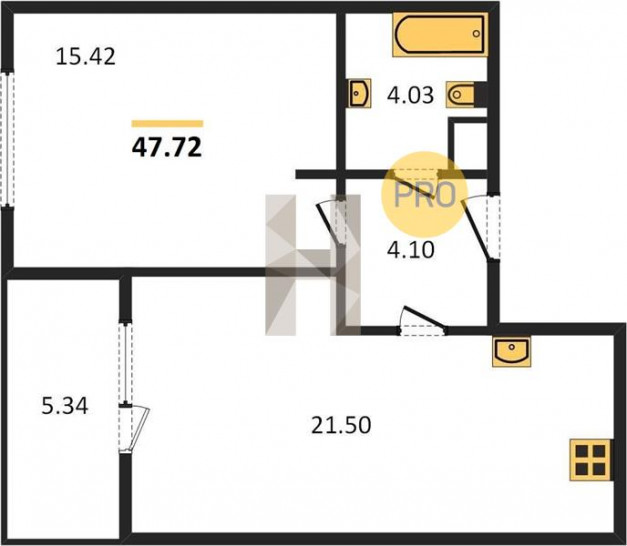 Однокомнатная квартира 47.72 м²