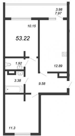 Двухкомнатная квартира 53.22 м²