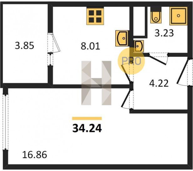 Однокомнатная квартира 34.24 м²