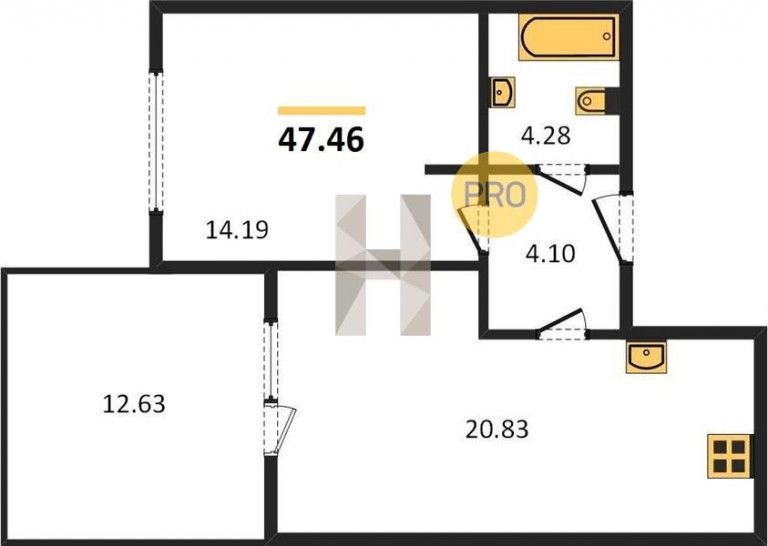 Однокомнатная квартира 47.46 м²