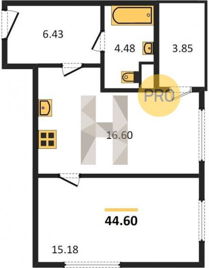 Однокомнатная квартира 44.6 м²