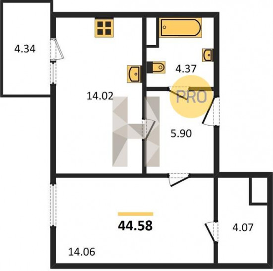 Однокомнатная квартира 44.58 м²