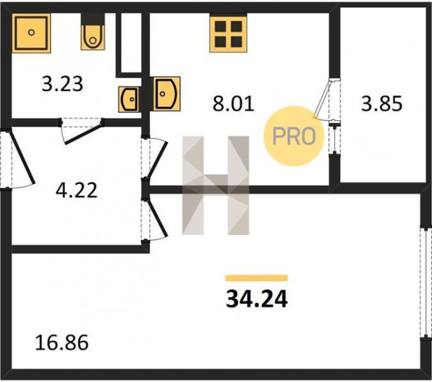Однокомнатная квартира 34.24 м²