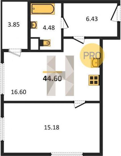 Однокомнатная квартира 44.6 м²