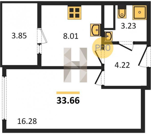 Однокомнатная квартира 33.66 м²