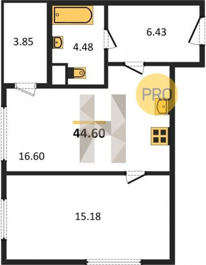 Однокомнатная квартира 44.6 м²
