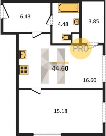 Однокомнатная квартира 44.6 м²