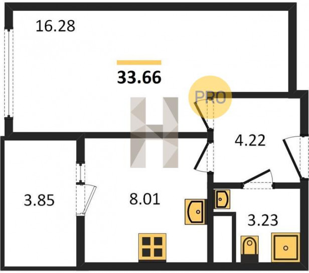 Однокомнатная квартира 33.66 м²