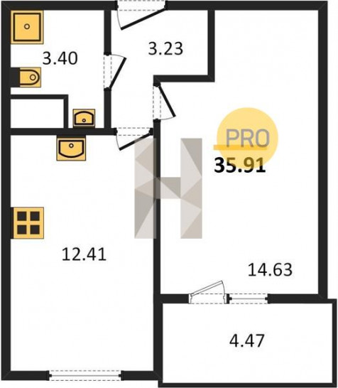 Однокомнатная квартира 35.91 м²