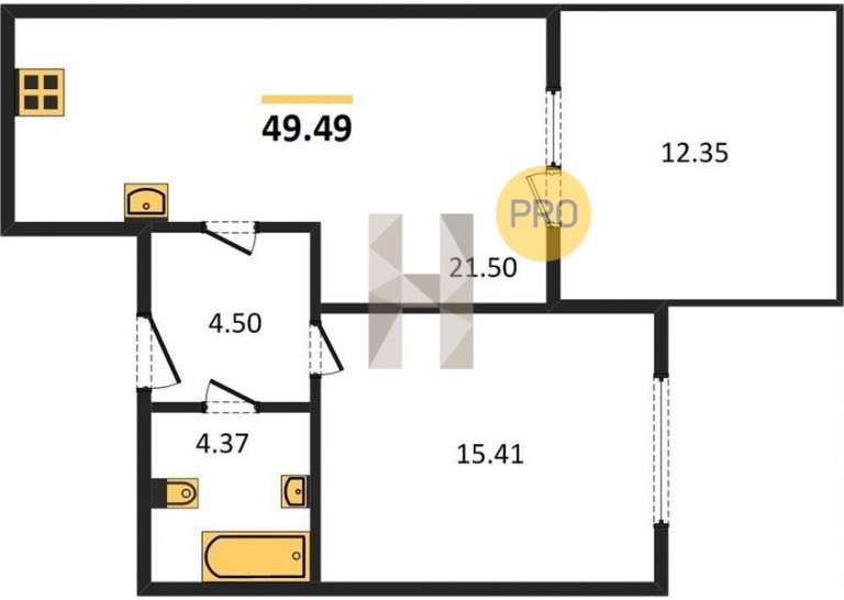 Однокомнатная квартира 49.49 м²
