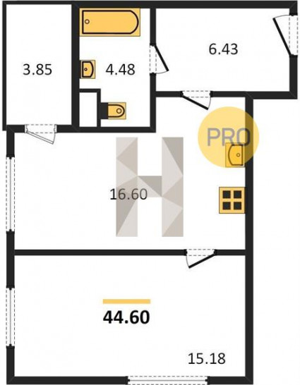 Однокомнатная квартира 44.6 м²