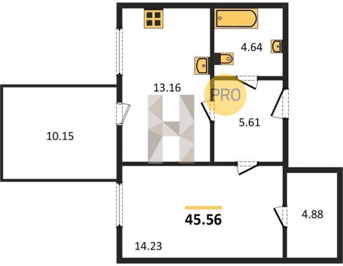 Однокомнатная квартира 45.56 м²
