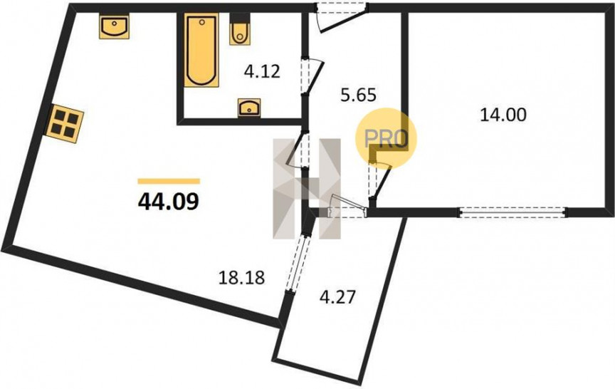 Однокомнатная квартира 44.09 м²
