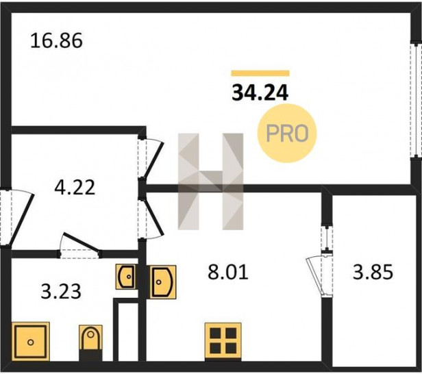 Однокомнатная квартира 34.24 м²